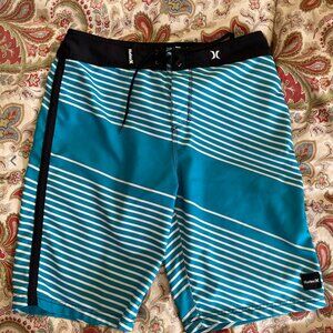 Hurley Mens Medium 32 Board Shorts Swim Trunks Stripe Blue White With Zip Pocket